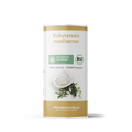 Weiße Gewürzdose mit goldenem Deckelrand und der Aufschrift „Kräutersalz mediterran“. Darunter ein Etikett mit den Aufschriften „Histaminarm glutenfrei – Laborgeprüft“ und „Bio“. In der Mitte ein Bild mit Schälchen voll Kräutersalz, darunter frische mediterrane Kräuter. Unten goldener Bereich mit dem Logo von Histaminikus.