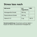 Grafik mit Nährwerttabelle zum Produkt „Stress lass nach“. Enthaltene Wirkstoffe pro Tagesdosis: 500 mg Ashwagandha-Extrakt, 200 mg Passionsblumen-Extrakt und 4 µg Vitamin B12 (160 % des NRV). Darunter die Verzehrempfehlung: „Erwachsene nehmen täglich 1 Kapsel am Abend mit ausreichend Flüssigkeit ein.“